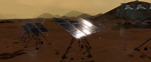 Solar panels surrounding the habitat on the surface of Mars.