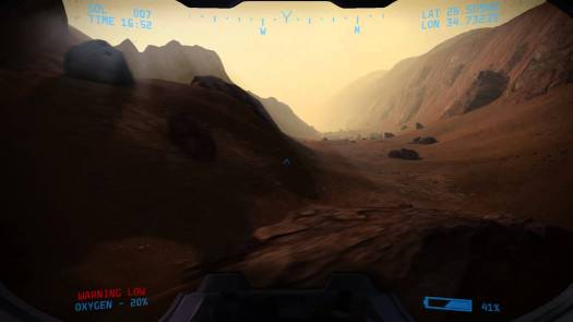 Display of the UI and a canyon on Mars, with sloping red rock and sand settled along its bed.